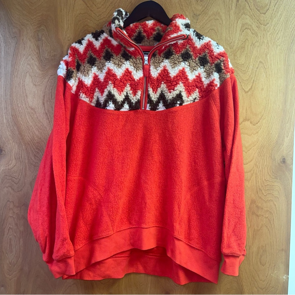 Aerie Hometown Holiday Quarter Zip Sweatshirt Red Sherpa Tribal Womens Sz Small